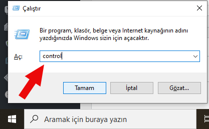 Çalıştır penceresine control yazarak